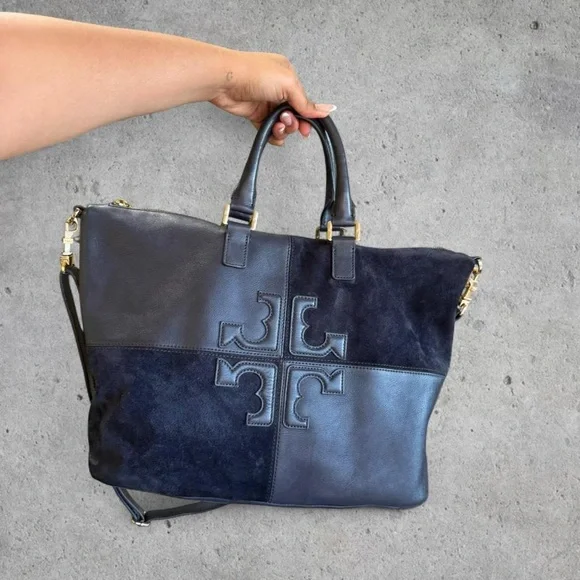 Tory Burch Navy Blue ‘Natalie’ Leather and Suede Satchel/Shoulder/Crossbody Bag - Picture 3 of 8